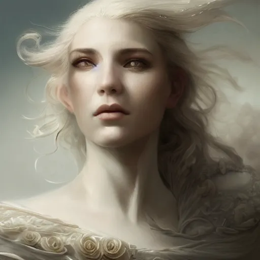 Prompt: portrait of a woman, white horse, roses, dreamy, fantasy, pain, intricate, elegant, highly detailed, digital painting, artstation, concept art, matte, sharp focus, illustration, octane render, unreal engine, art by aenaluck and roberto ferri and greg rutkowski, epic fantasy, digital painting