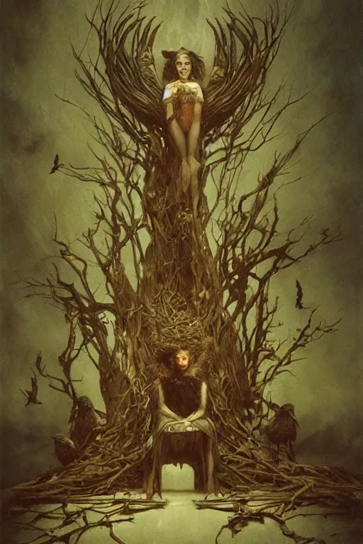 Prompt: the witch and her ravens in the wooden throne by roberto ferri and beksinski based on austin osman spare and in the style of tom bagshaw