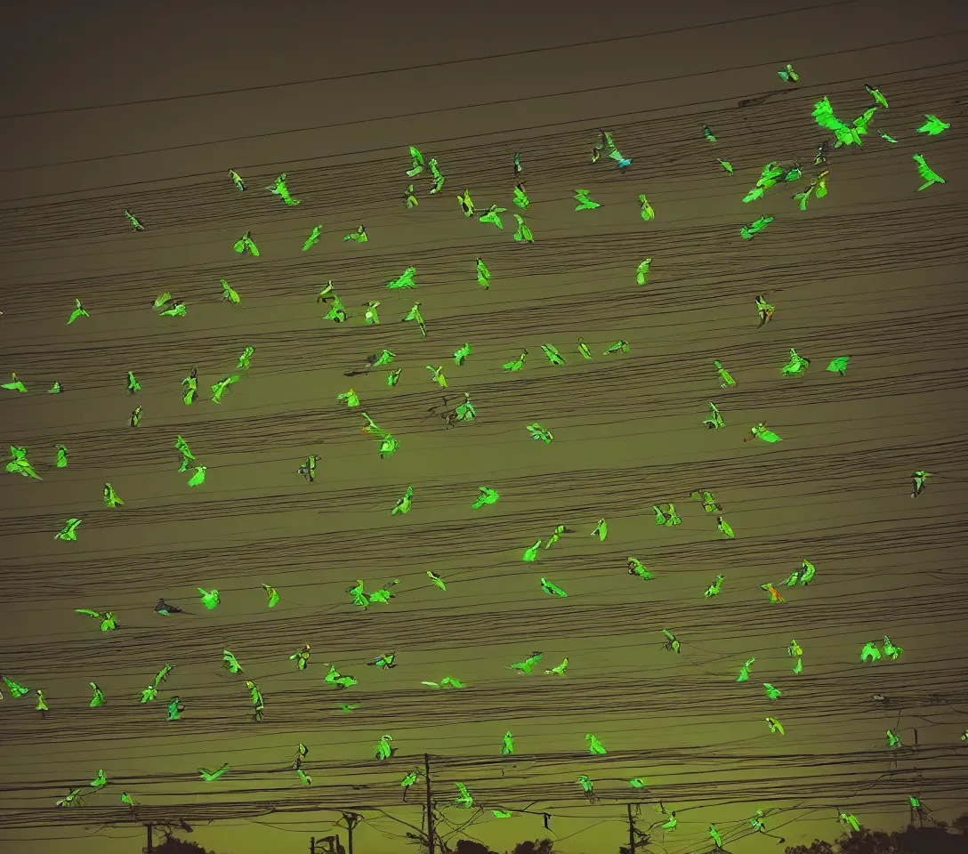 Prompt: a 3 5 mm photography of a lot of green parrots on the power lines glowing and reflecting green light from the flash of the camera at night