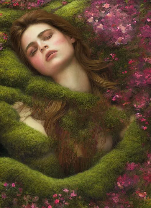 Prompt: digital _ painting _ of _ a woman on a bed of moss and flowers _ by _ filipe _ pagliuso _ and _ justin _ gerard _ symmetric _ fantasy _ highly _ detailed _ realistic _ intricate _ port