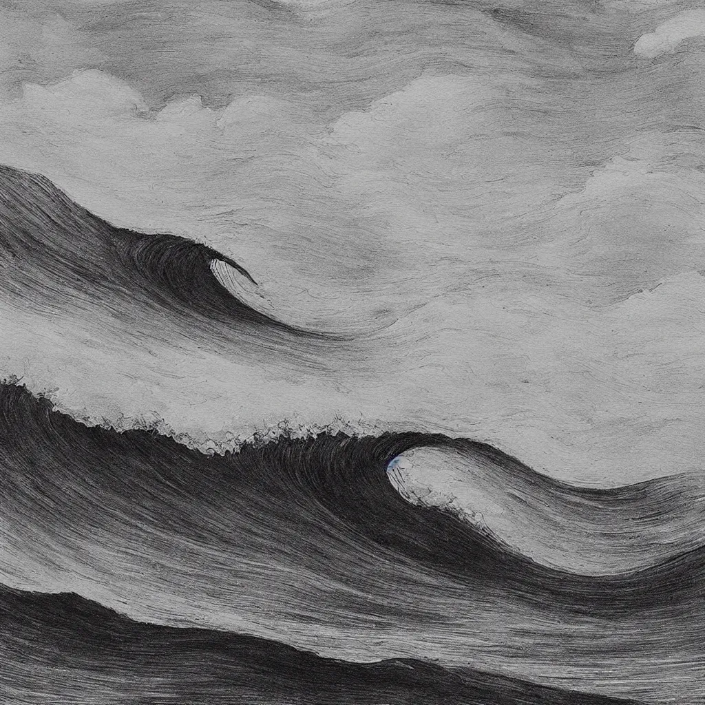 Image similar to an beautiful painting of one single hawaiian wave painted by albrecht durer, monochromatic color scheme, high detail, breathtaking wave, lineart, line art, soft colors, simplicity