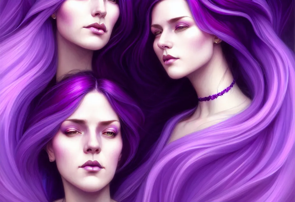 Image similar to Purple hair relistic Portrait of a two woman with bright colored flying hair, all shades of purple. Beauty face, Hair coloring, fantasy, intricate, elegant, highly detailed, digital painting, artstation, concept art, smooth, sharp focus, illustration, art by artgerm and greg rutkowski and alphonse mucha