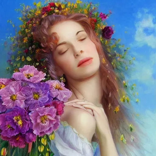 Image similar to a portrait of a romantic woman with flowers grow out of hair, roses peonies forget-me-nots dahlias lupins gladioli, sky theme in background, by Alexandr Averin, Digital Art, Trending on artstation