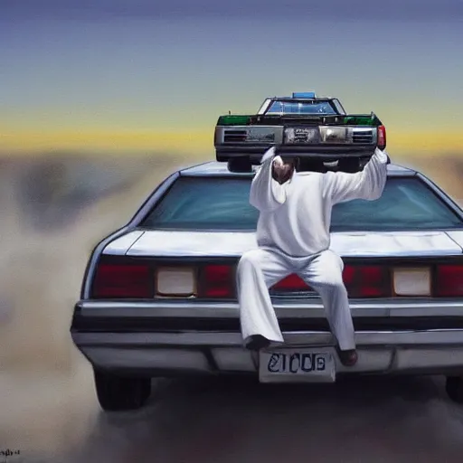 Image similar to hyperrealism painting of jesus christ standing on top of a police car in a police chase