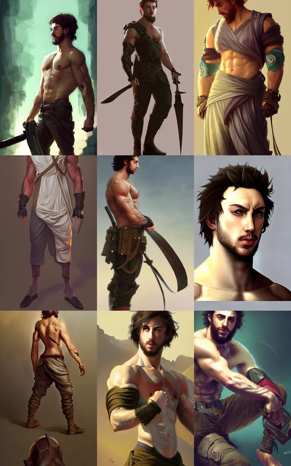 Prompt: character concept portrait of Aaron Taylor Johnson as an adventurer. rune tattoos, fit, abs, elegant, silk pants, digital painting, concept art, smooth, sharp focus, illustration, from Metal Gear, by Ruan Jia and Mandy Jurgens and William-Adolphe Bouguereau, Artgerm