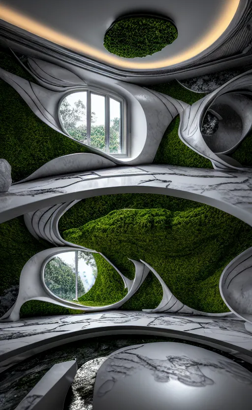 Image similar to highly detailed ultra sharp 3 d render villa interior cinematic composition of a smooth ceramic porcelain biomorphic magnolia stone nebula fluid fractal sci - fi surreal architecture landscape, granite, metallic, magnesium, marble, moss and lichen, vincent callebaut composition, mamou - mani, archviz, beautiful lighting, 8 k, unreal engine, hdr,