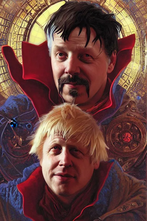Prompt: Boris Johnson as Dr. Strange, highly detailed character in digital fantasy, oil painted portrait, artstation, concept art, hard focus, smooth, sharp focus, hyper realistic, illustrations, works by Artgerm and Greg Rutkowski, Alphonse Mucha and Craig Mullins, James Gene, Andrey Ryabovichev, Mark Simonetti and Peter Morbacher, 16 thousand