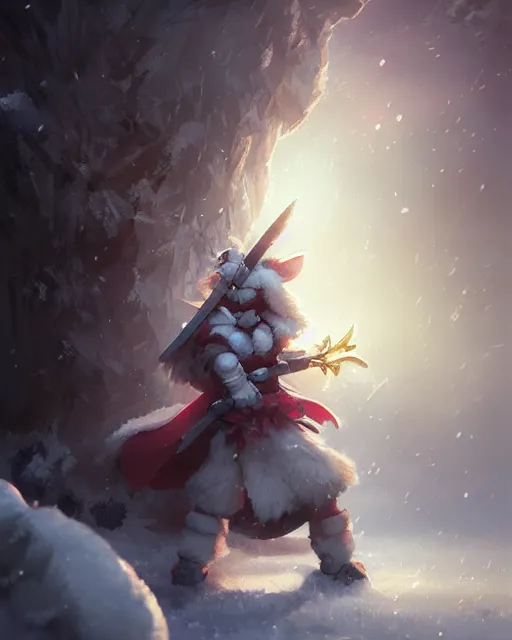 Image similar to whimsical fluffy usagi warrior of hiyabusa square, scarf, cape, sword and shield, light snow, close up, details, sharp focus, elegant, highly detailed, illustration, by jordan grimmer greg rutkowski wlop maya takamura, intricate, trending artstation, pixiv, digital art