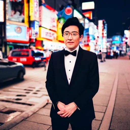 Prompt: night portrait of an good looking adult asian man wearing a tuxedo in the streets of akihabara, depth of field bokeh, award winning photo, color graded, soft focus, high detail, sigma lens 7 0 mm