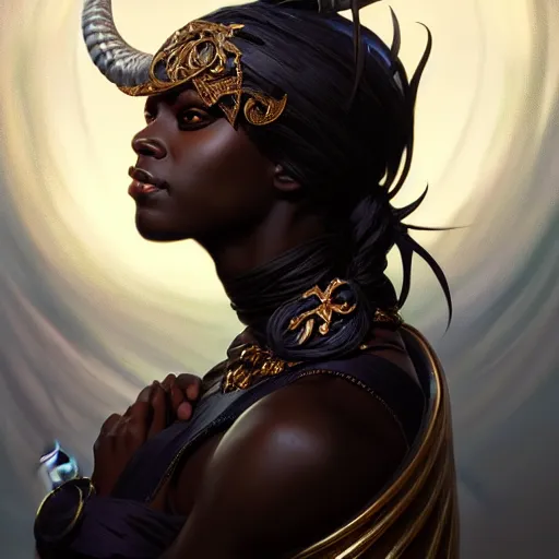 Image similar to , portrait of an black skinned tiefling female, D&D, fantasy, intricate, elegant, highly detailed, digital painting, artstation, concept art, smooth, sharp focus, illustration, art by artgerm and greg rutkowski and alphonse mucha