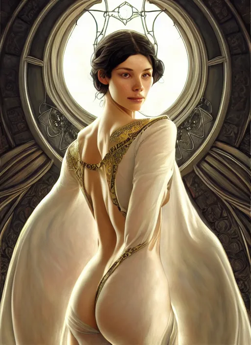 Prompt: arwen, surealism, aesthetic, shiny, fantasy, intricate, elegant, extremely higly detailed, digital painting, artstation, body symmetrical anatomy, baroque, concept art, photoshop, krita, smooth, sharp focus, full body focus, illustration, digital painting, art by artgerm and greg rutkowski and alphonse mucha