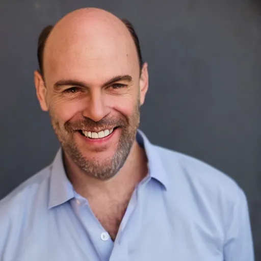 Image similar to color photograph of a balding, middle aged, brown haired, hairy, blue eyed, round faced, short white man dressed in a white shirt, smiling at the camera with perfect, straight white teeth