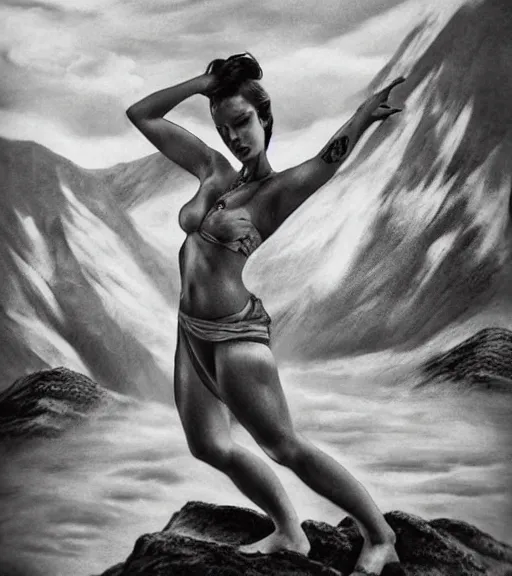Image similar to tattoo design of beautiful woman against a background of beautiful mountains and nature, in the style of den yakovlev, black and white, hyper realistic, highly detailed