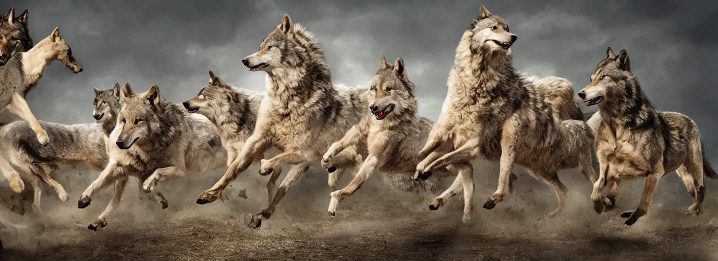 Prompt: a running horse being attacked by wolves that are by cats