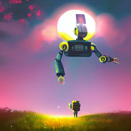 Prompt: sentinel robot picking up flower surreal photography, dark night, stars, moon light, impressionist painting, clouds, digital painting, artstation, simon stalenhag