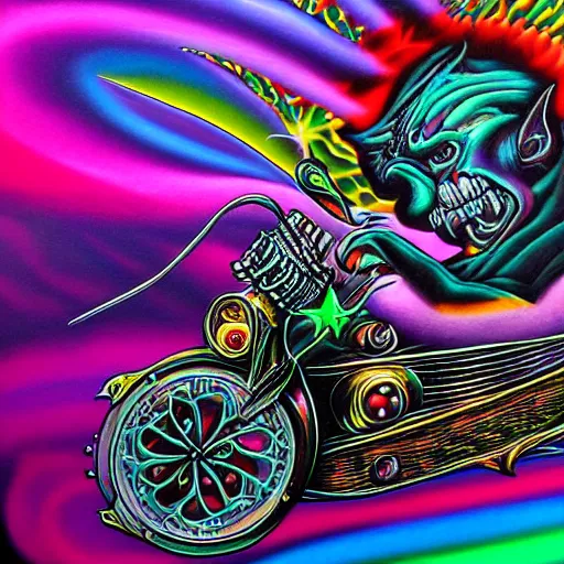 Prompt: psychedelic airbrush art of an orc riding a motorcycle, black background, stylized, radical 90s, soft edges, smooth gradients, airbrushed, grainy