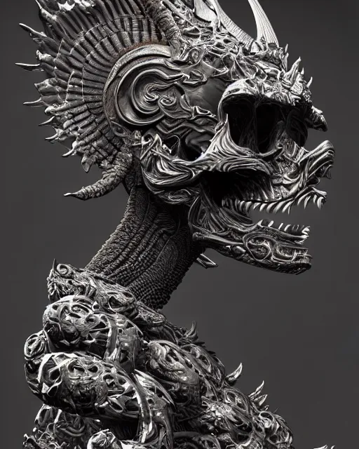 Image similar to 3 d ornate carved dark cosmic king with profile portrait, sigma 5 0 0 mm f / 5. beautiful intricate highly detailed quetzalcoatl skull. bioluminescent, plasma, lava, ice, water, wind, creature, thunderstorm! artwork by tooth wu and wlop and beeple and greg rutkowski, 8 k trending on artstation