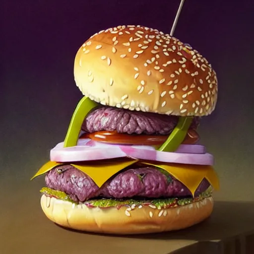 Prompt: portrait of barney the dinosaur eating hamburgers, extra onions and ketchup, luscious patty with sesame seeds, ethereal, handsome, d & d, fantasy, intricate, elegant, highly detailed, digital painting, artstation, concept art, matte, sharp focus, illustration, art by artgerm and greg rutkowski and alphonse mucha