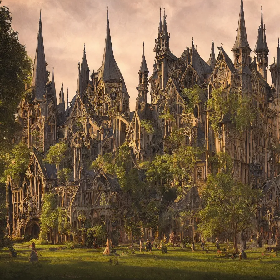 Prompt: a tudor style village in the shadows of an enormous Gothic Revival architecture castle in a lovely meadow at dusk, art nouveau matte painting, highly detailed