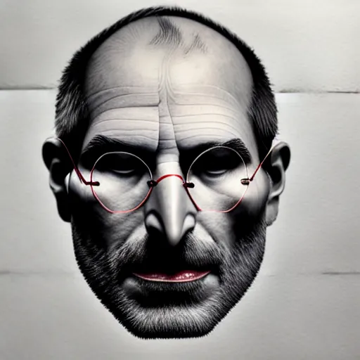 Image similar to apples arranged in the shape of a face resembling steve jobs, fantasy, intricate, elegant, highly detailed, lifelike, photorealistic, digital painting, artstation, illustration, smooth, sharp focus, art by giuseppe arcimboldo