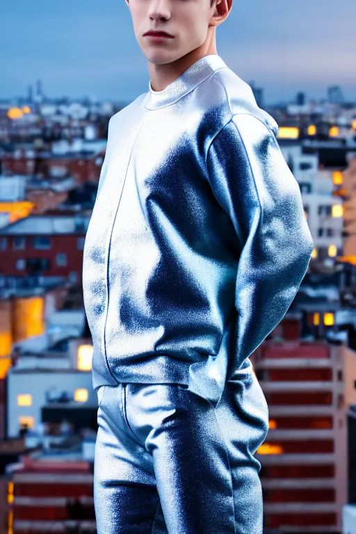 Image similar to un ultra high definition studio quality photographic art portrait of a young man standing on the rooftop of a british apartment building wearing soft baggy padded silver iridescent pearlescent clothing. three point light. extremely detailed. golden ratio, ray tracing, volumetric light, shallow depth of field. set dressed.