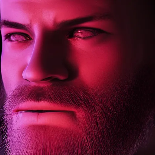 Image similar to an extreme close - up portrait of a neon glowing human beard, photographic filter, unreal engine 5, realistic, hyperdetailed, 8 k, cinematic, volumetric lighting, very realistic effect, hd, hdr, 4 k, sharp focus, octane render, ultra detailed, high resolution, trending on artstation in the style of albert dros glowing rich colors powerful imagery