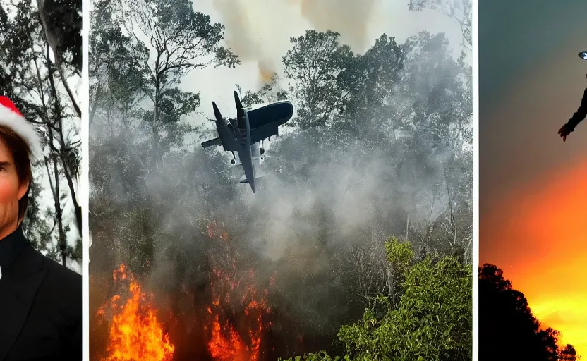 Prompt: tom cruise in costume with a christmas hat. tropical forest and a plane crashing with fires in the background. sunset lighting.