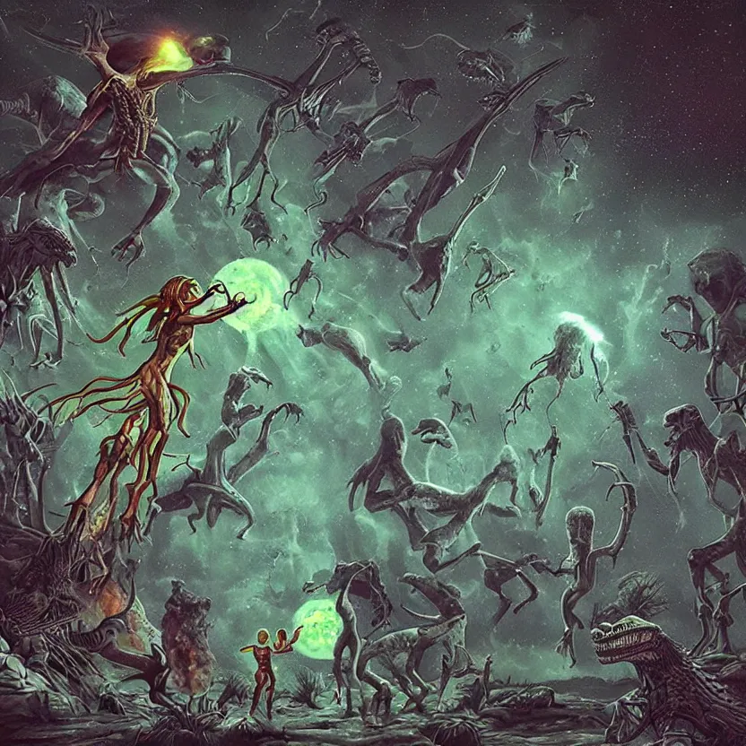 Prompt: extraterrestrial sprites, fairies, and dinosaurs. pulp science fiction. whimsical fantasy art. dark background