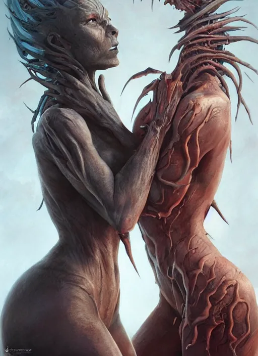 Image similar to a detailed full body portrait of 2 female monsters facing off, queen of blades, mutation, by dorian cleavenger, zdzisław beksinski, by artgerm, by bastien lecouffe - deharme trending on artstation