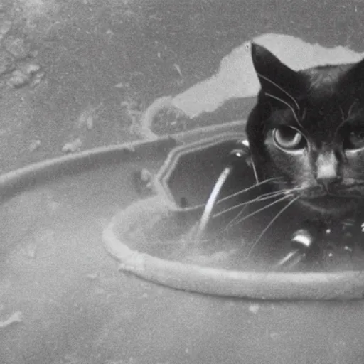 Image similar to photograph of cat wearing diving gear swimming in a vat of acid