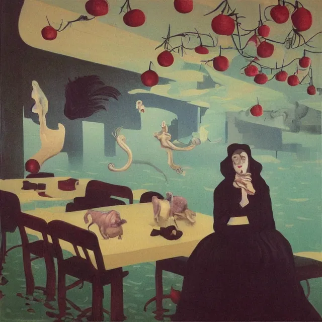 Image similar to tall female emo artist holding a pig in a flooded cafe, octopus, water gushing from ceiling, painting of flood waters inside a cafe, a river flooding indoors, pomegranates, pigs, ikebana, water, octopus, river, rapids, waterfall, black swans, canoe, berries, acrylic on canvas, surrealist, by magritte and monet