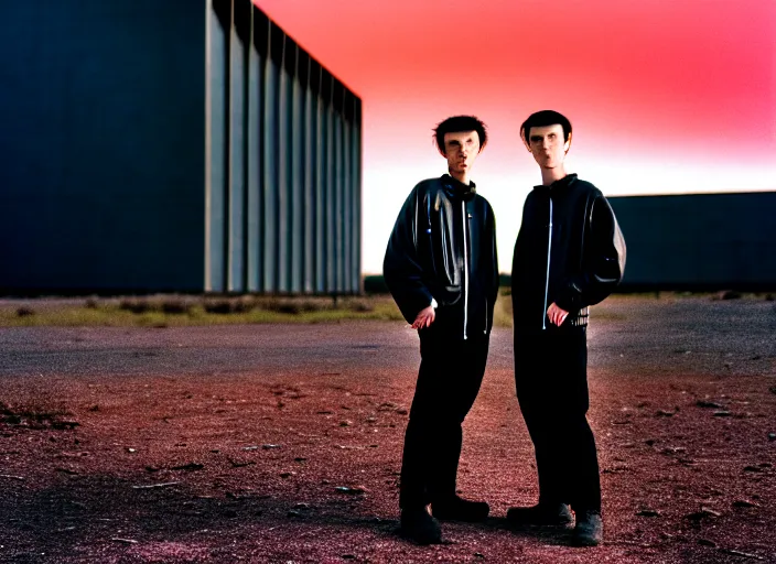 Prompt: cinestill 5 0 d closeup photographic portrait of two clones in front of a brutalist metal building, on a desolate plain, red sky, black oversized clothes, depth of field, 4 k, 8 k, hd, full color