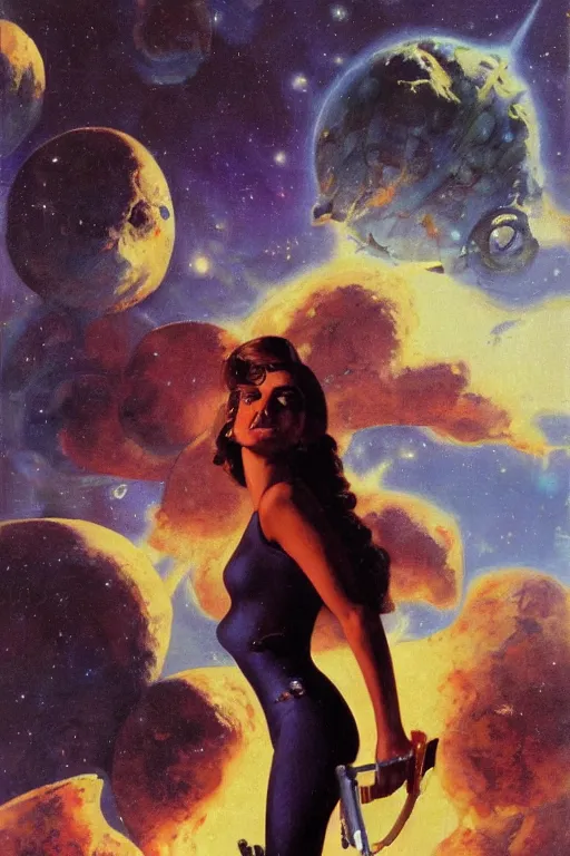 Prompt: oil painting portrait of Penelope Cruz as a scifi explorer standing on a new planet, atmospheric, vintage pulp novel style scifi art by Boris Vallejo, Julie Bell, Frank Frazetta, Greg Rutkowski, Robert McGinnis, and Gil Elvgren,