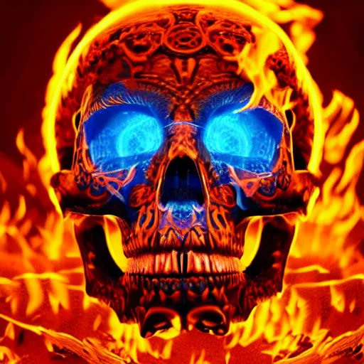 Image similar to a highly detailed human skull covered with intricate designs with fire for eyes on fire in front of a neon blue background, 3 d, colorful, octane render, symmetrical, hyper realism, highly detailed, digital art, artstation, concept art, cinematic lighting, strong bokeh, trending