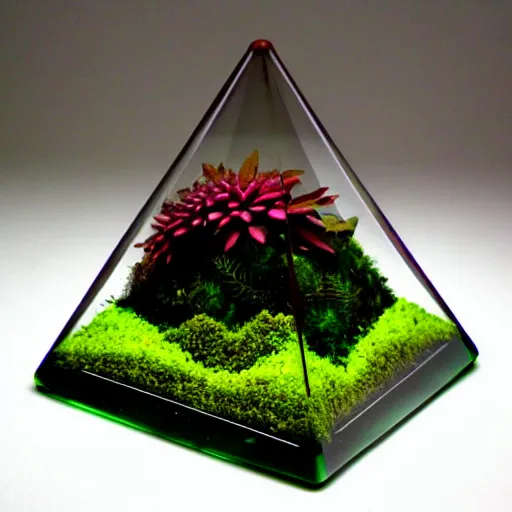 a pyramid of glass terrarium cube with fern, moss and Stable
