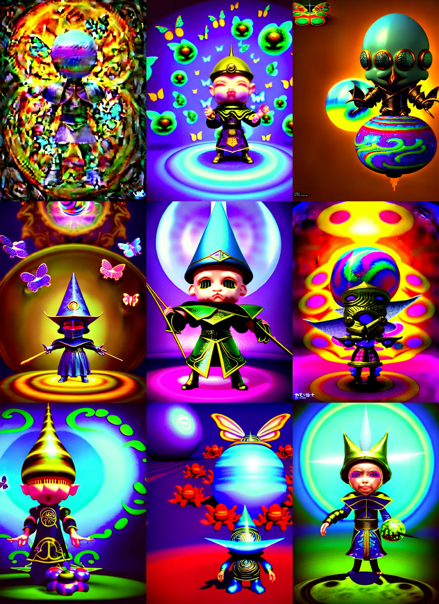 Prompt: retro 3 d rendered raytraced chibi wizard knight on a background is a a psychedelic swirly orbs with 3 d rendered butterflies and 3 d rendered flowers n the style of early cg graphics, micha klein, 3 do magazine, 3 d artstation, medium wide front shot