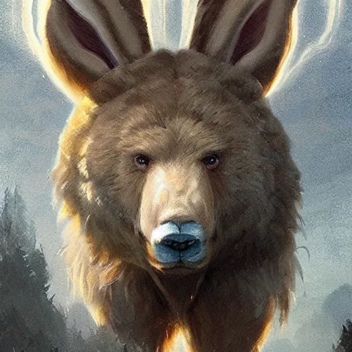 Image similar to a bear and a bunny chimera with the size and strength of a bear, The white color and long bunny ears of a bunny and golden brown antlers. Concept art. Fantasy. Trending on artstation. Masterpiece. By Karlkka. By Greg Rutkowski James Gurney