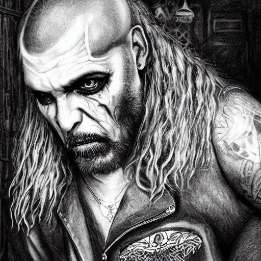 Prompt: portrait painting of an older tattooed biker with shaggy hair in a bar, sharp focus, ultra realistic, concept art, intricate details, eerie, highly detailed, photorealistic, dark, black and white, rpg art vampire the masquerade. art by josh timbrook