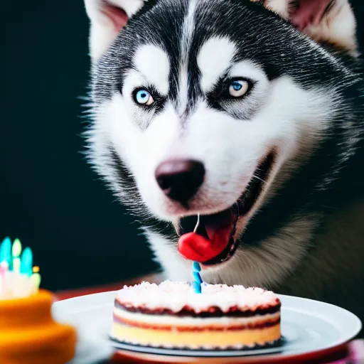 Image similar to a high - quality photo of a husky with a birthday cake, 4 5 mm, f 3. 5, sharpened, iso 2 0 0, raw, food photography