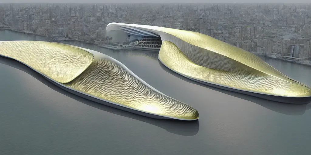 Image similar to mosque floating spaceship by zaha hadid, golds fantasy world