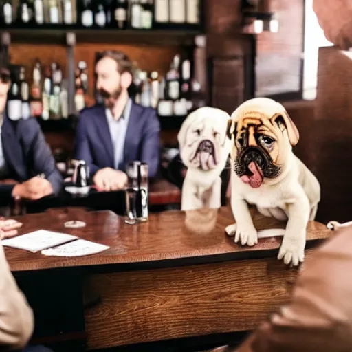 Image similar to a group of cute puppies wearing three piece suits having a discussion inside of a bar, 8k, cinematic, detailed,