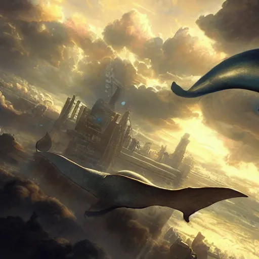 Image similar to A huge whale flying in the clouds above a steampunk mega city, golden lighting, artstation