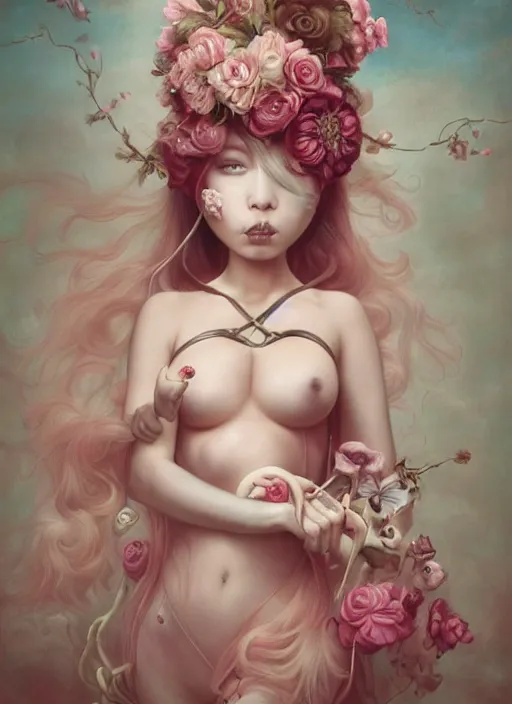 Image similar to pop surrealism, lowbrow art, realistic seductive cute woman painting, pink body harness, long hair, japanese shibari with flowers, hyper realism, muted colours, rococo, natalie shau, loreta lux, tom bagshaw, mark ryden, trevor brown style,