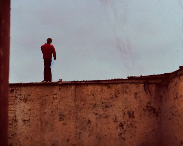 Image similar to lomo photo of man standing on the roof of soviet hrushevka, small town, cinestill, bokeh, out of focus