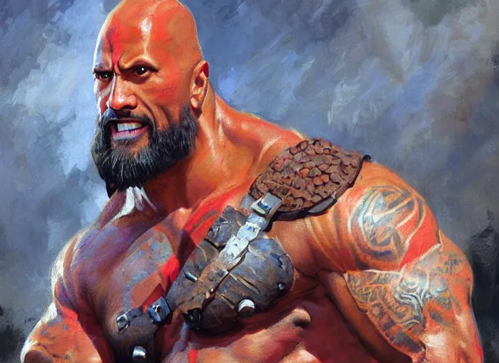 Image similar to a highly detailed beautiful portrait of dwayne johnson as kratos, by gregory manchess, james gurney, james jean