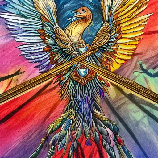 Image similar to medieval weapon, long spear made of multicoloured feathered wings, prismatic, detailed drawing, magic the gathering, white background