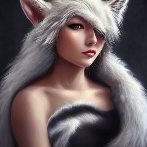 Prompt: beautiful realistic portrait of a person with white lynx head by artgerm, furry fantasy art