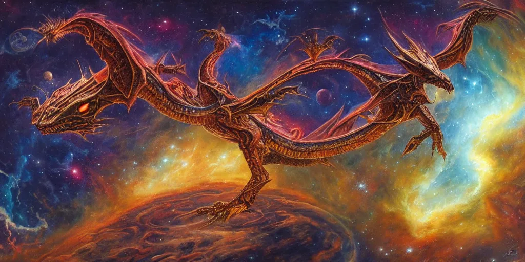 Image similar to an alien dragon flying through outer space, epic nebula, style of dan seagrave art