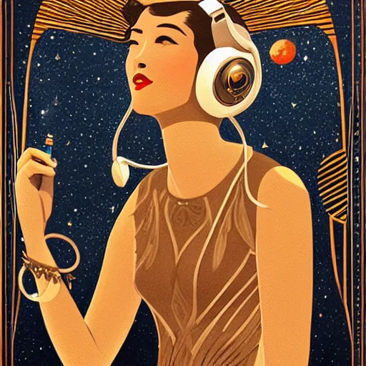 Image similar to intricate, amazing, art deco, retro vintage and romanticism, painting by natelle quek, soft color palette, highly detailed, godess with headphones from space sci - fi of ancient religion