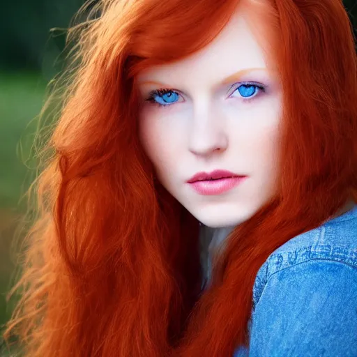 Prompt: young redheaded woman with blue eyes and detailed face